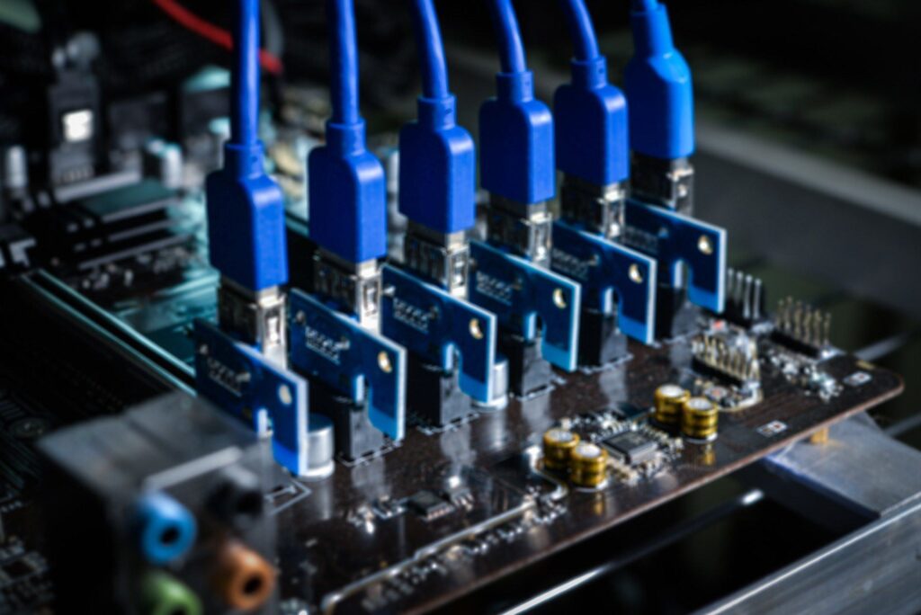 blue usb connectors on sleek circuit board for efficient data transmission in advanced technology.