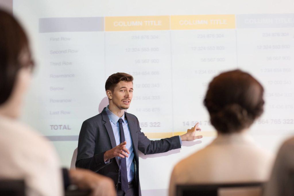 dynamic business presentation with engaging data in modern conference room.