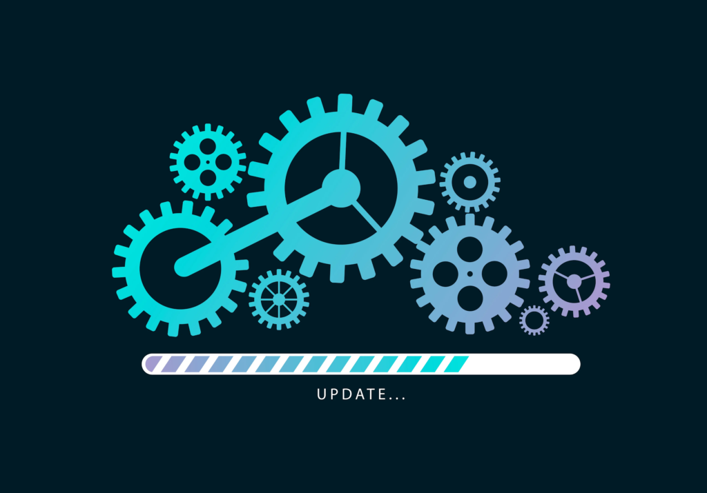 digital update progress: gear movement and progress bar for software update status.