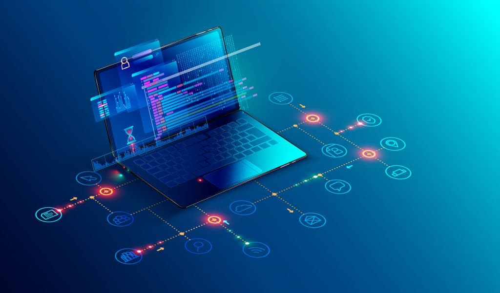 futuristic laptop in glowing cyber network displaying code and data flow.