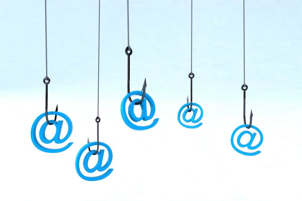 cybersecurity warning: hooks with blue @ symbols represent online threats.