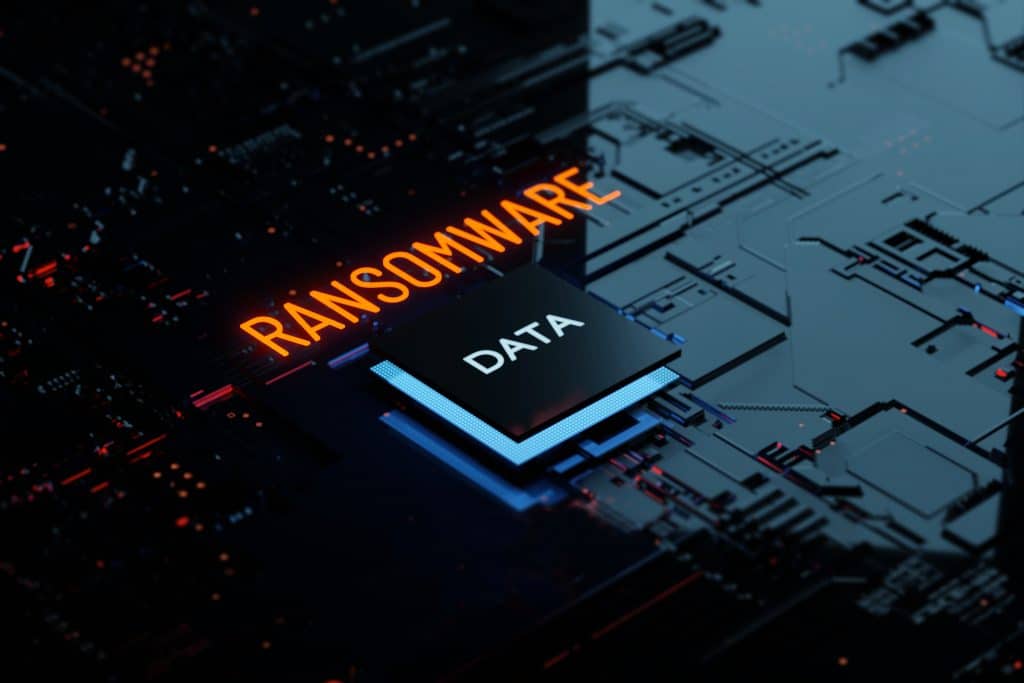 futuristic cyber threat: ransomware on data chip in dark blue and orange.