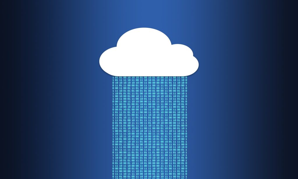 cloud computing: binary data flows from a white cloud against a blue background.