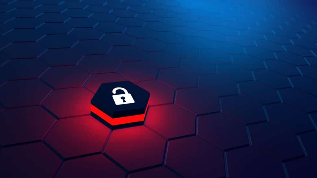 modern cybersecurity concept with red hexagon padlock symbol on digital grid background