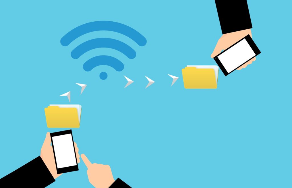 effortless wireless file transfer between smartphones using wi-fi signals and a folder icon.