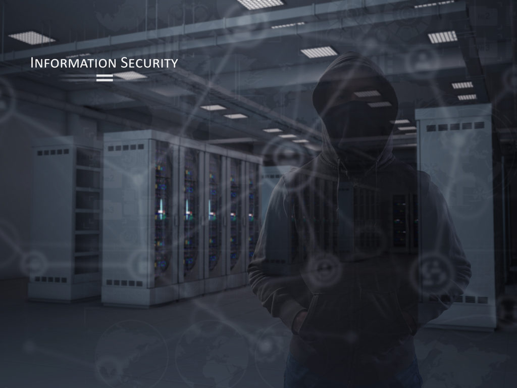 data center security: mysterious figure in hoodie among server racks emphasizing protection.