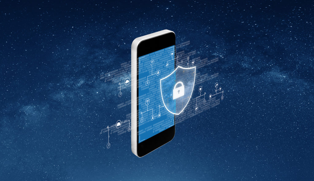 secure smartphone with shield symbol on sleek device against digital blue background.