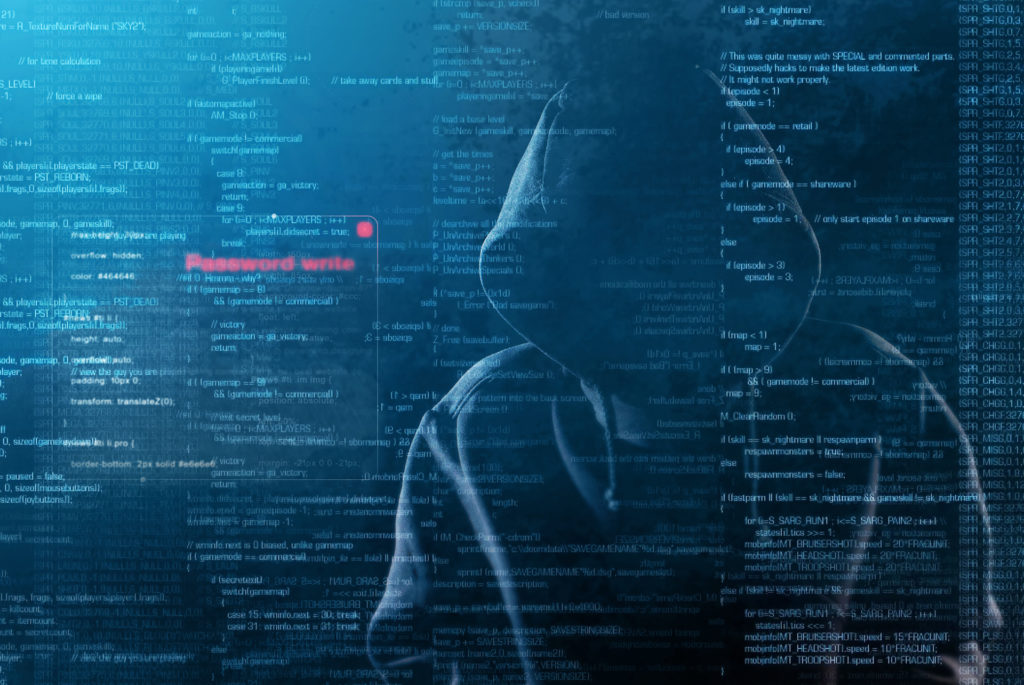 mysterious hacker immersed in digital code, depicting cybersecurity threats in modern era.