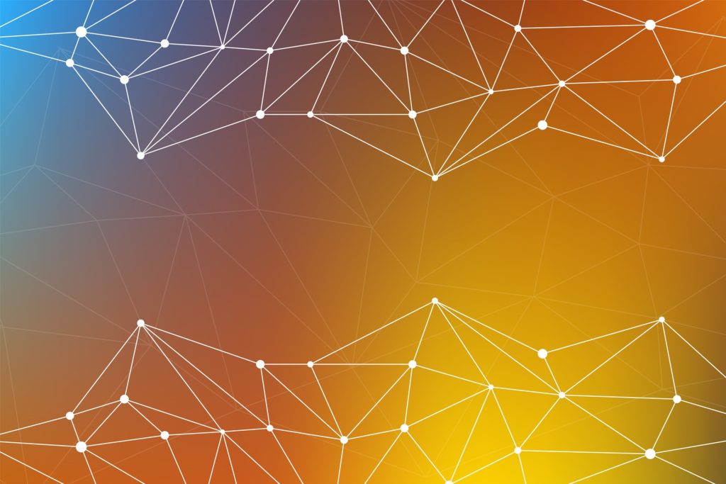 abstract design of interconnected lines and nodes on vibrant gradient background.