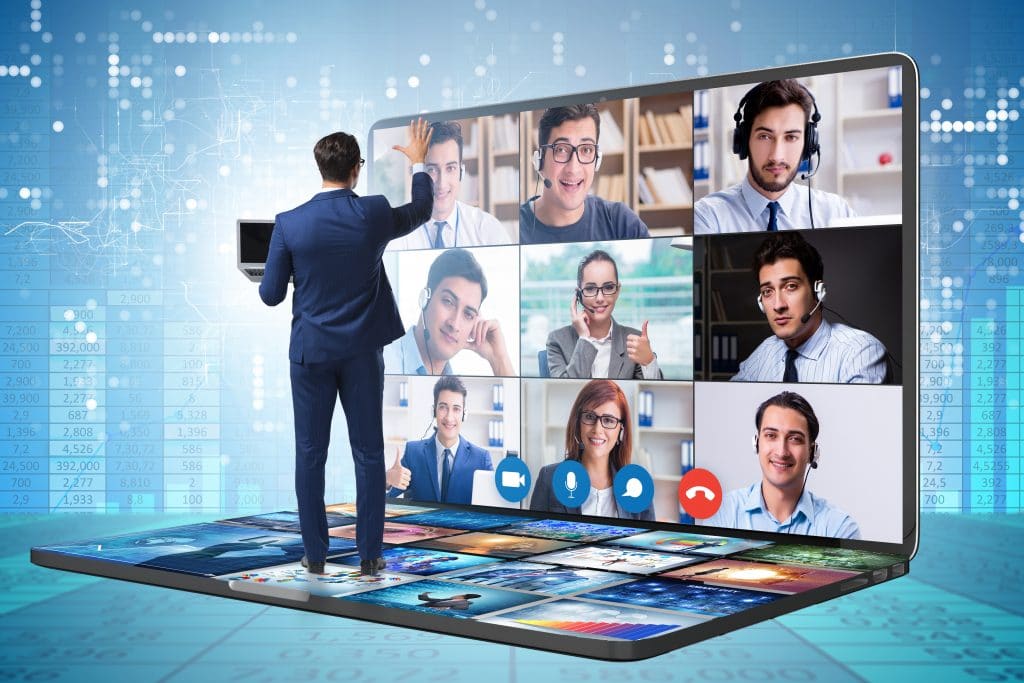 dynamic digital workspace for remote collaboration: businessman leads diverse team on futuristic screen.