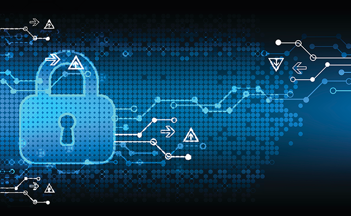 protect your digital assets with a modern blue padlock amidst warning symbols and data flow.