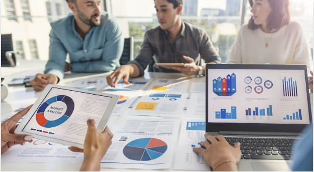 diverse team analyzing colorful charts and graphs in modern office meeting.