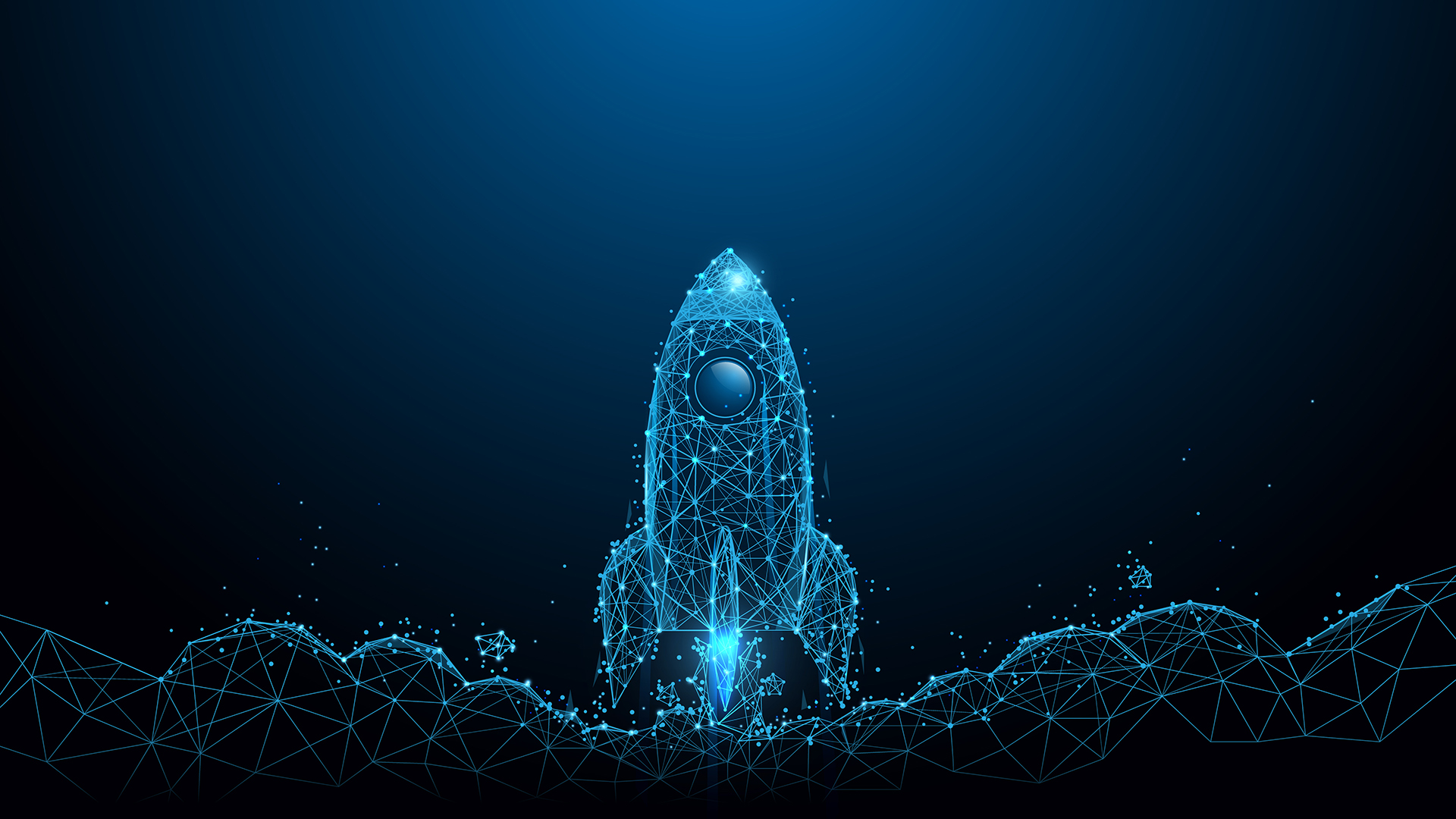 Blue futuristic rocket emerging from digital base, symbolizing innovation and space exploration.