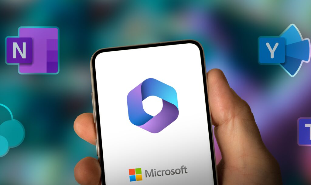 microsoft 365 mobile productivity showcase with logo and application icons on modern device.