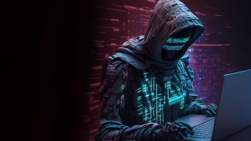 cyberpunk hacker in dark attire works on laptop in digital landscape with binary patterns.