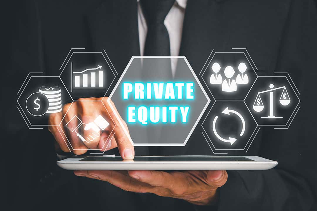 a man in a suit holding a tablet with the words private equity on it