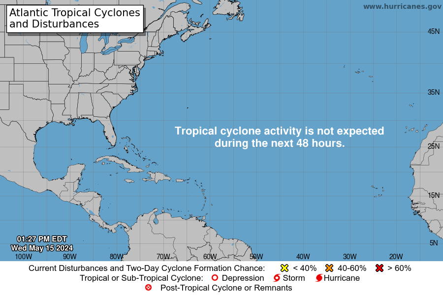 Atlantic Tropical Cyclone Forecast Map - No cyclone activity predicted in 48 hours.