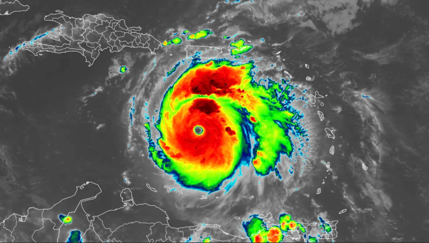 caribbean hurricane satellite view: swirling storm system visualization.