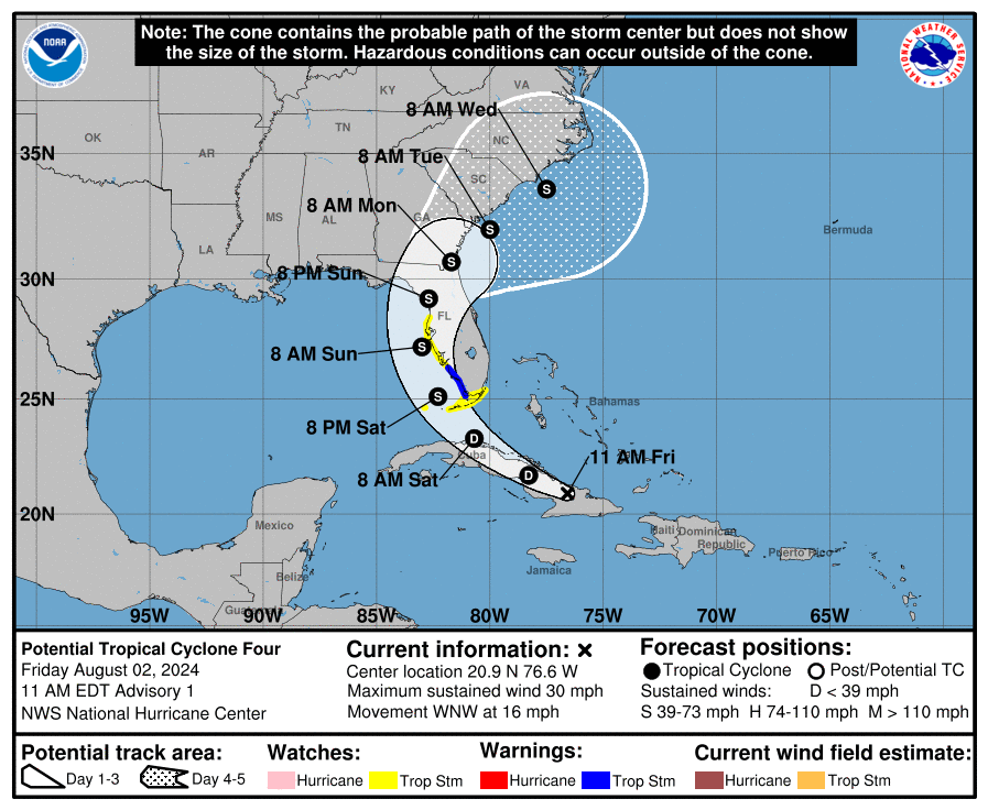 hurricane four forecast cone for southeastern united states - updated path & classifications.