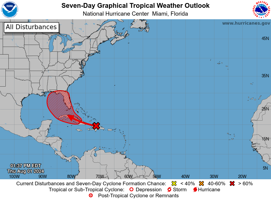 tropical weather outlook for gulf and caribbean, tracking potential cyclone formation.