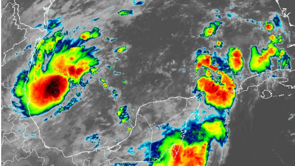 intense weather system satellite view with vibrant colors indicating varying levels of precipitation intensity.