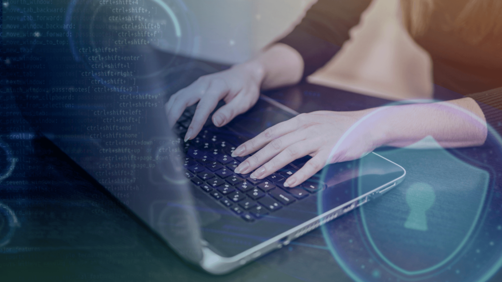 person typing on laptop keyboard with digital coding background and security shield symbol. new year's resolution.